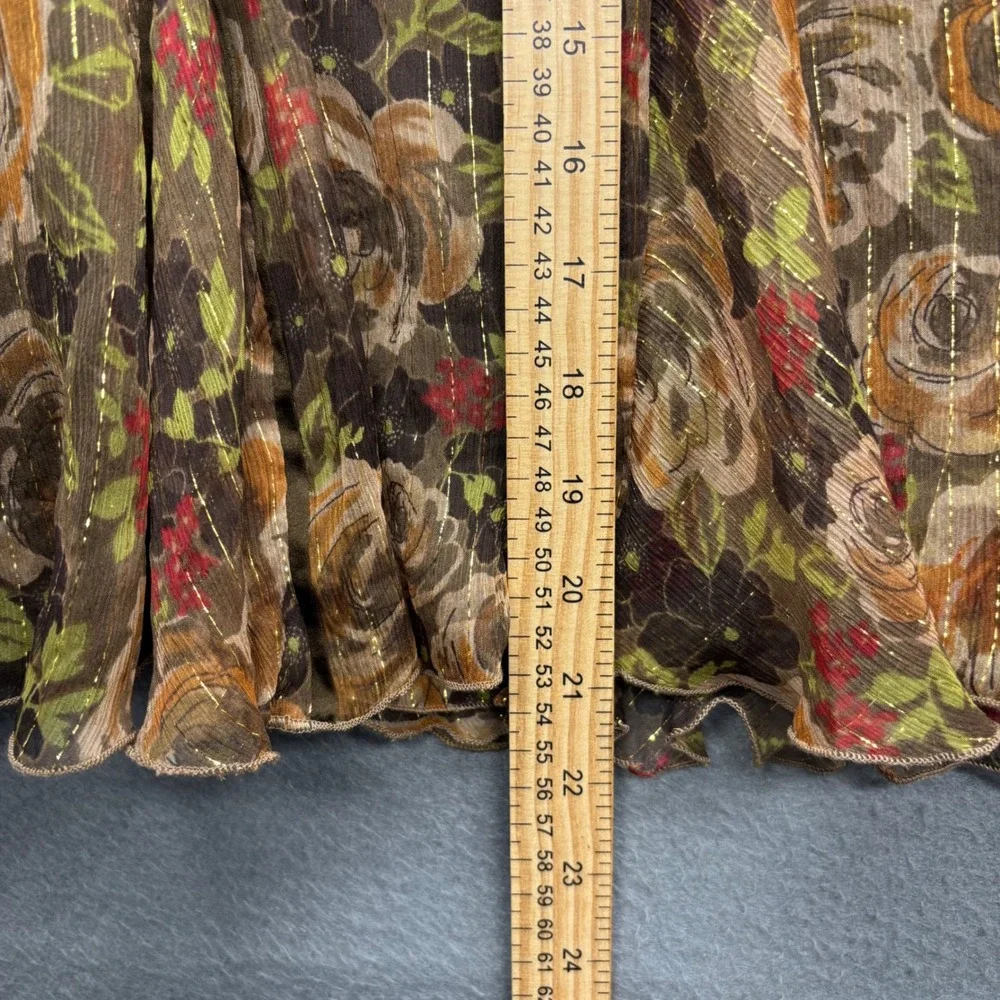 Context Silk Blend Floral Metallic Stripe Flared Skirt Brown Fairycore Boho 12P - Picture 7 of 9